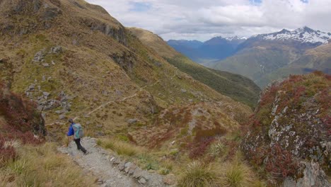 tilt up, hiker descends exposed alpine pass, routeburn track new zealand