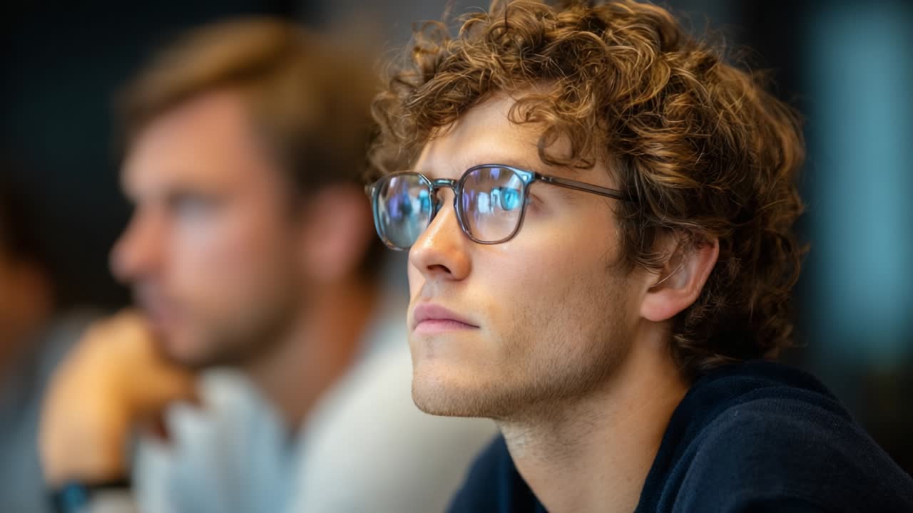 Focused Attentiveness: A Young Man with Curly Hair and Glasses Deeply Engaged in Thought During a Learning Session, Capturing the Essence of Concentration and Intellectual Curiosity in a Classroom Environment