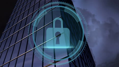 animation of cyber security text, padlock in circles, low angle view of buildings against cloudy sky