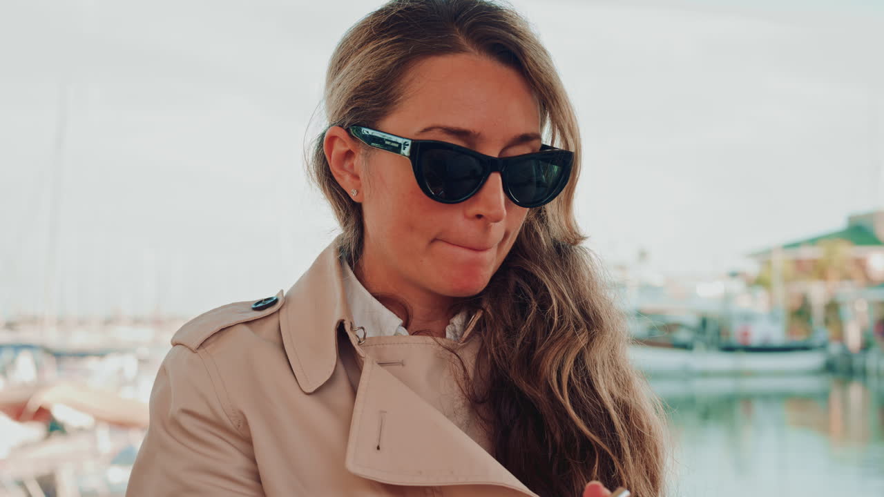 A stylish woman wearing sunglasses and a trench coat carefully applying lipstick while seated near a marina