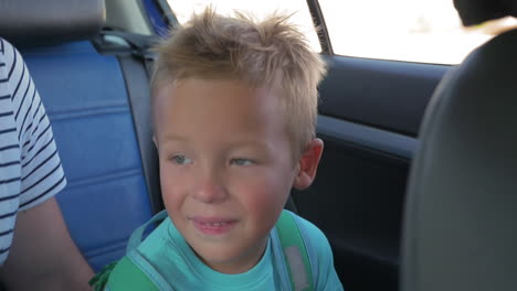 smiling boy going by car on back seat