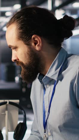 vertical video employee requesting help from manager to fix hacked equipment systems