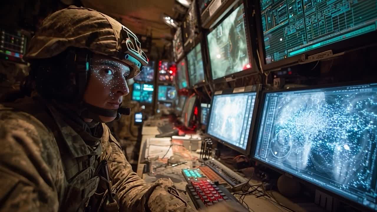 Military personnel monitors advanced technology in command center