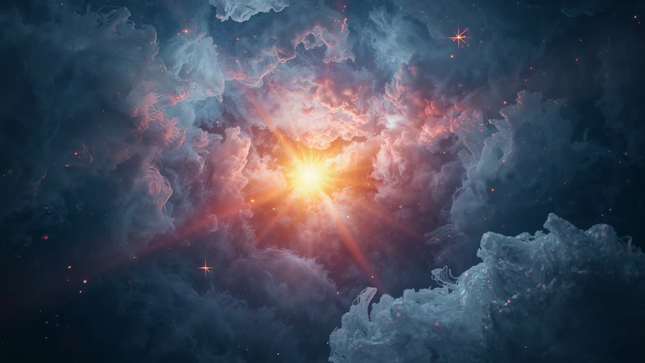 Pulsing bright core sending radial light rays in nebular clouds, brightening right cloud and stars