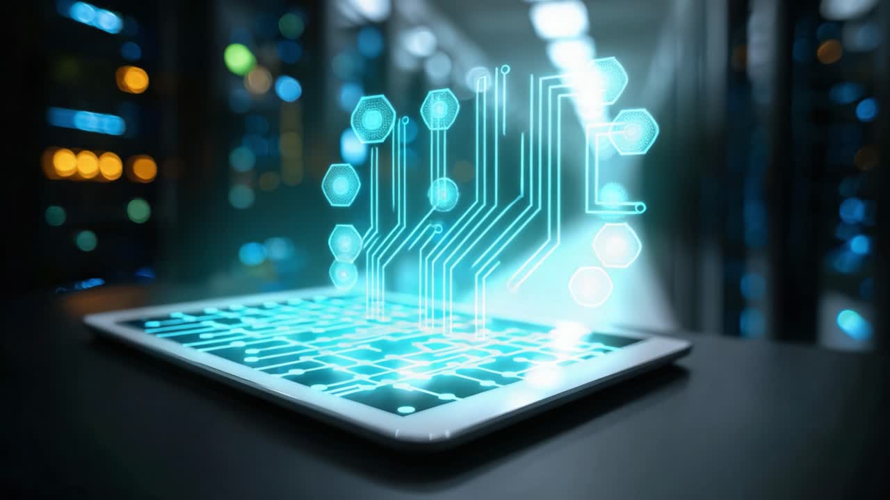 A Futuristic Overview of a Digital Tablet in a Data Center, Visualizing Complex Circuitry and Connections in a High-Tech Environment with a Glimpse of Server Racks