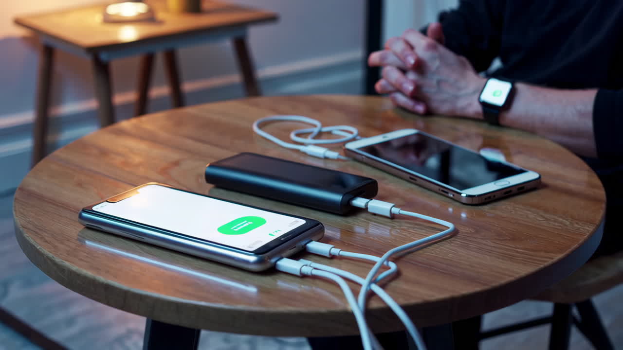 Charging Smartphones and Power Bank on a Table