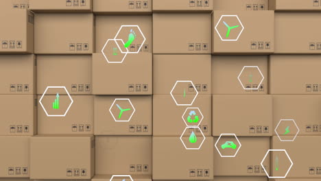 animación de una red de iconos ecológicos y respetuosos con el medio ambiente sobre cajas