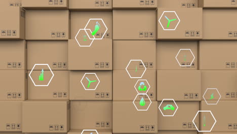 animation of network of eco and environmentally friendly icons over boxes