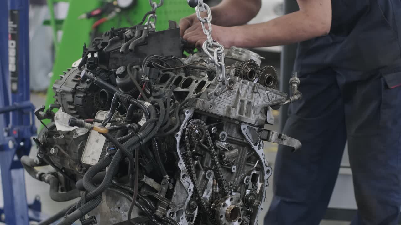 Car Engine Disassembly in a Workshop