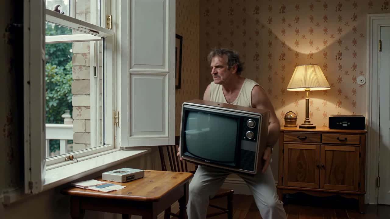 Man throwing a television out of the window