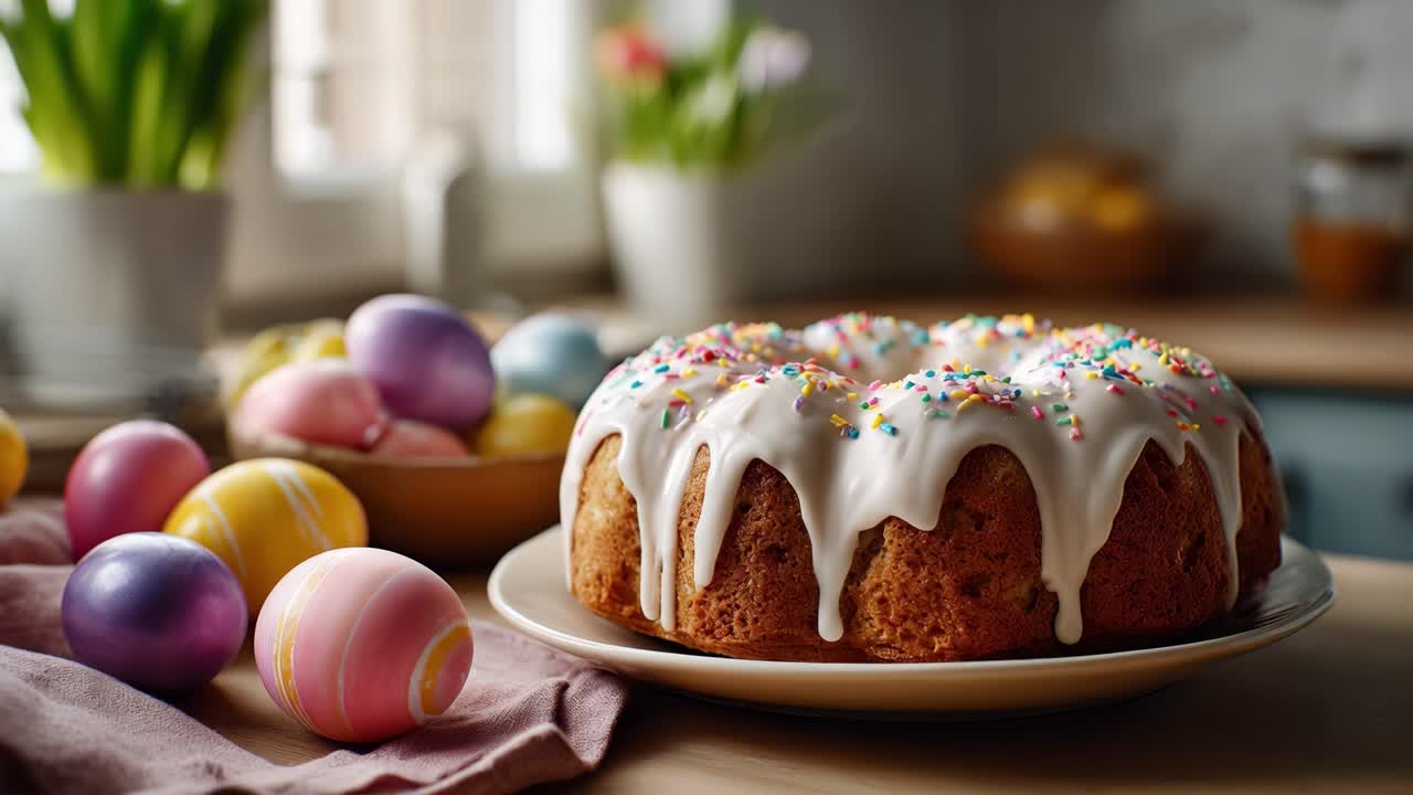 クリーミーなフロスティングとカラフルなスプリンクルがトッピングされた美味しいバントケーキが、美しく染められたイースターエッグに囲まれて居心地の良いキッチンテーブルに置かれている
