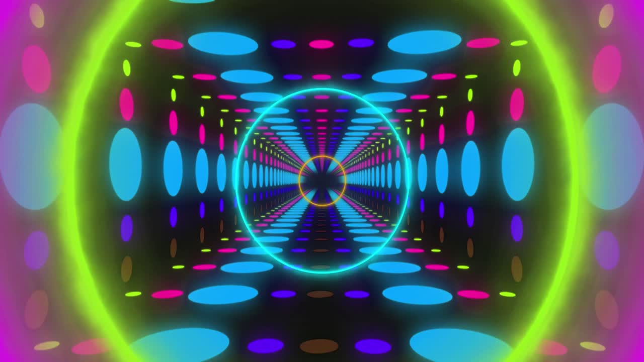animación de círculos de neón coloridos y túnel digital de puntos sobre fondo negro