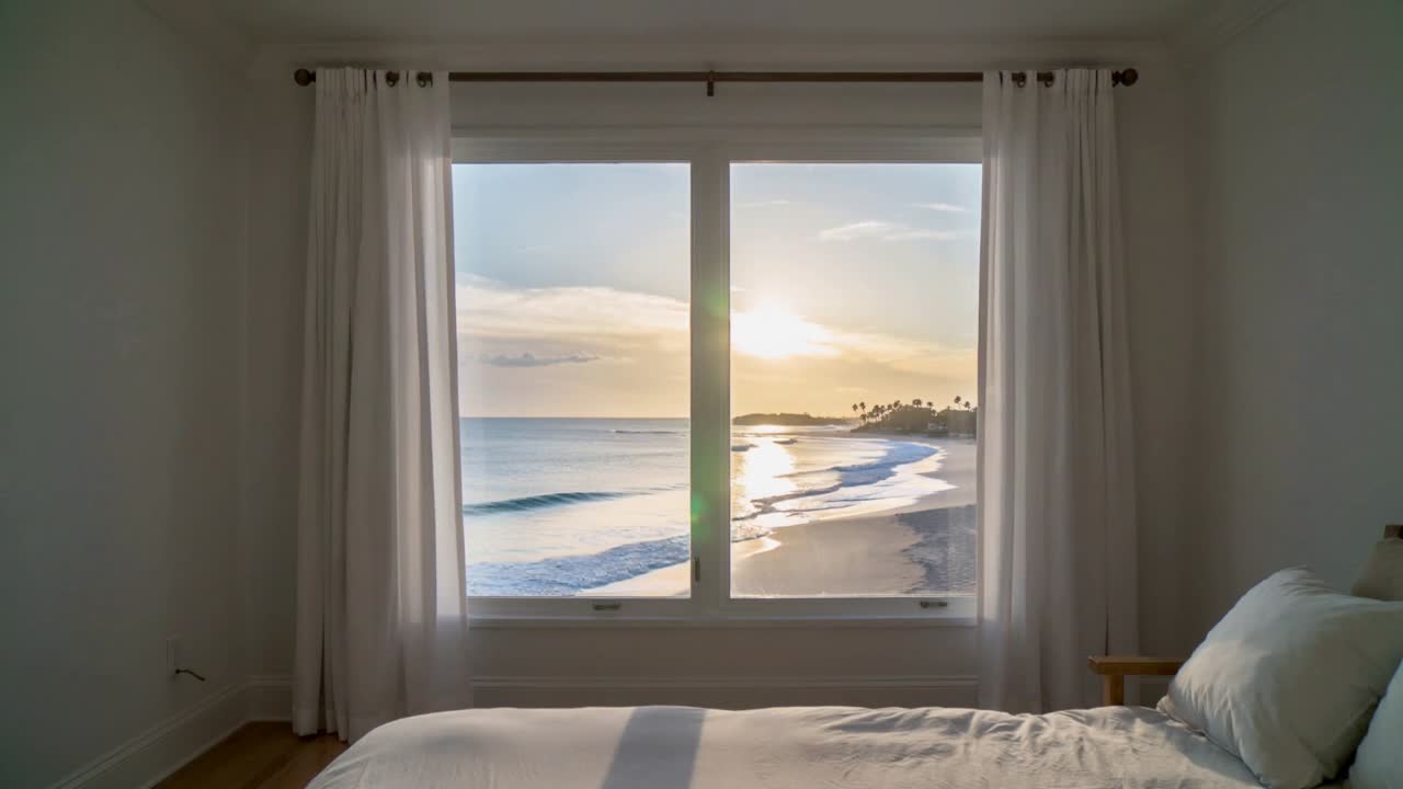 Sun approaching horizon shifting sunlight across bedroom window revealing surf and lens flare
