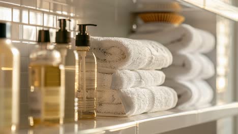 bathroom shelf with towels and bath products