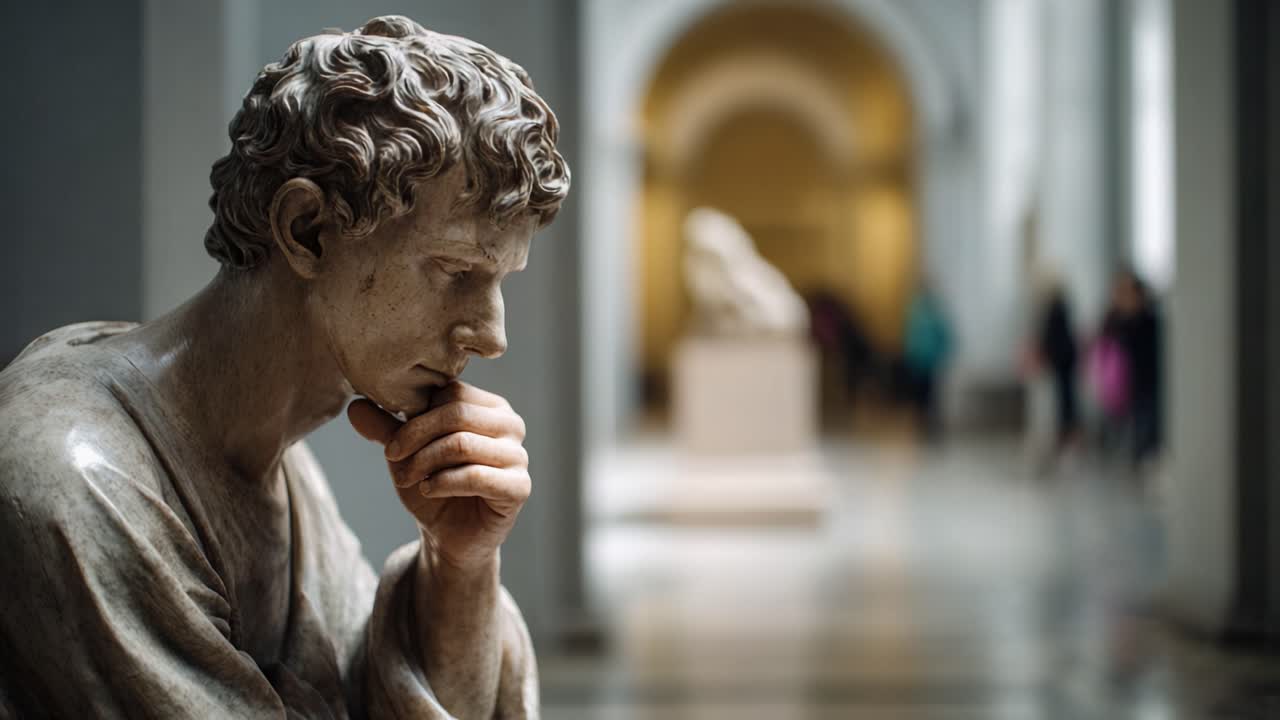Una scultura in marmo pensierosa che contempla l'ambiente circostante in un elegante corridoio di museo.
