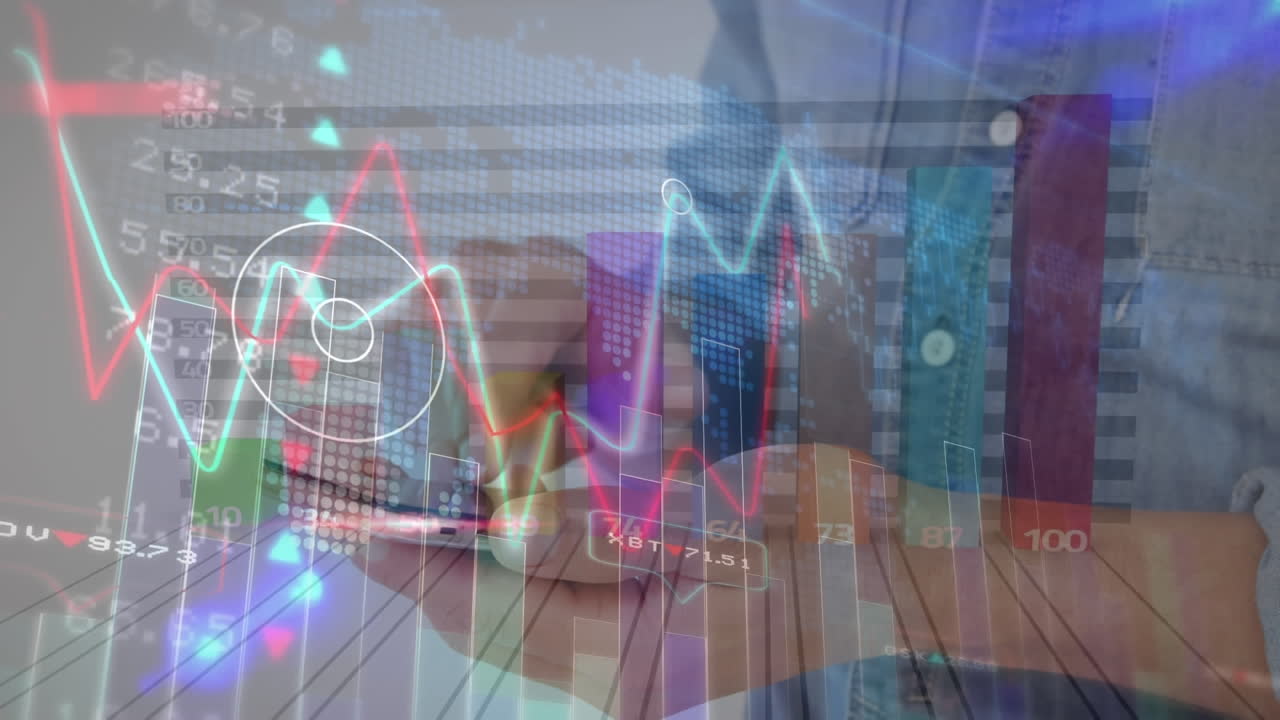 animación del procesamiento de estadísticas sobre un empresario que usa un teléfono inteligente