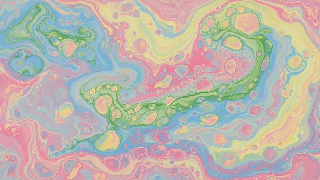 A Beautiful Abstract Fluid Art Composition Featuring Swirling Colors of Pink, Green, and Blue, Creating a Hypnotic Pattern of Rounded Shapes and Vivid Hues