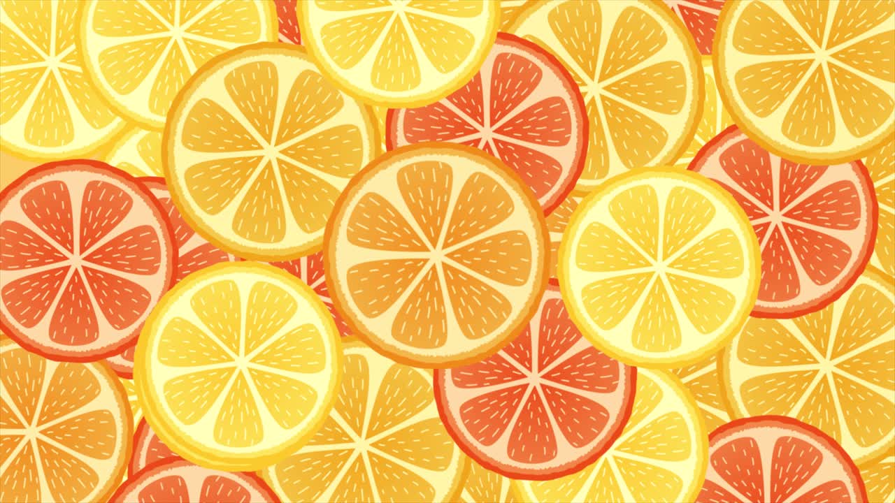 Animazione di fette d'arancia. Agrumi, pompelmo, limone, motivo animato in loop per sfondo, banner, presentazione, packaging, caffè. Frutta fresca, design estivo nei colori giallo brillante e arancione.