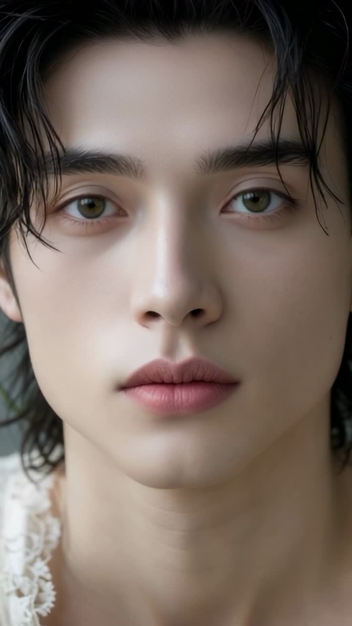 Vertical video: Blinking Middle Eastern male holding steady gaze in studio portrait, with lace trim