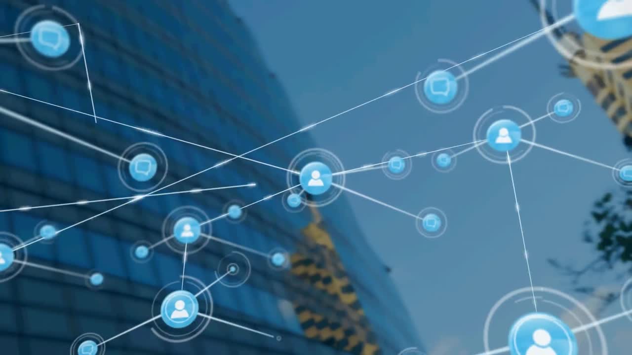 Animation of network of connections with icons over modern office building
