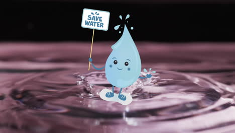 animation of save water text on sign held by water droplet on water background