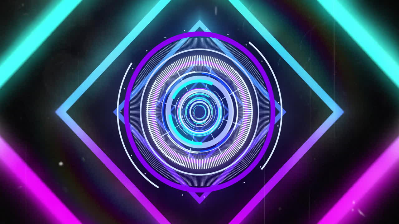 Geometric shapes and glowing neon circles, futuristic animation
