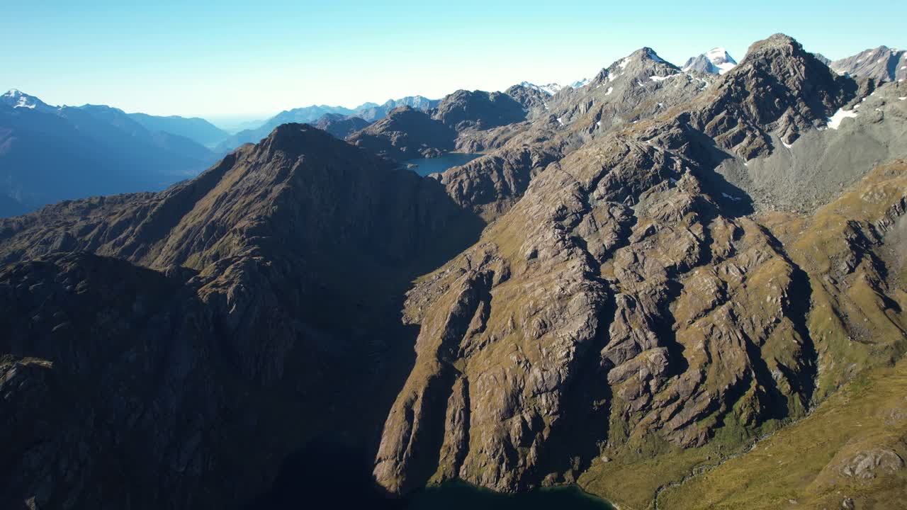 Spectacular aerial view of high located lake surrounded by mountains