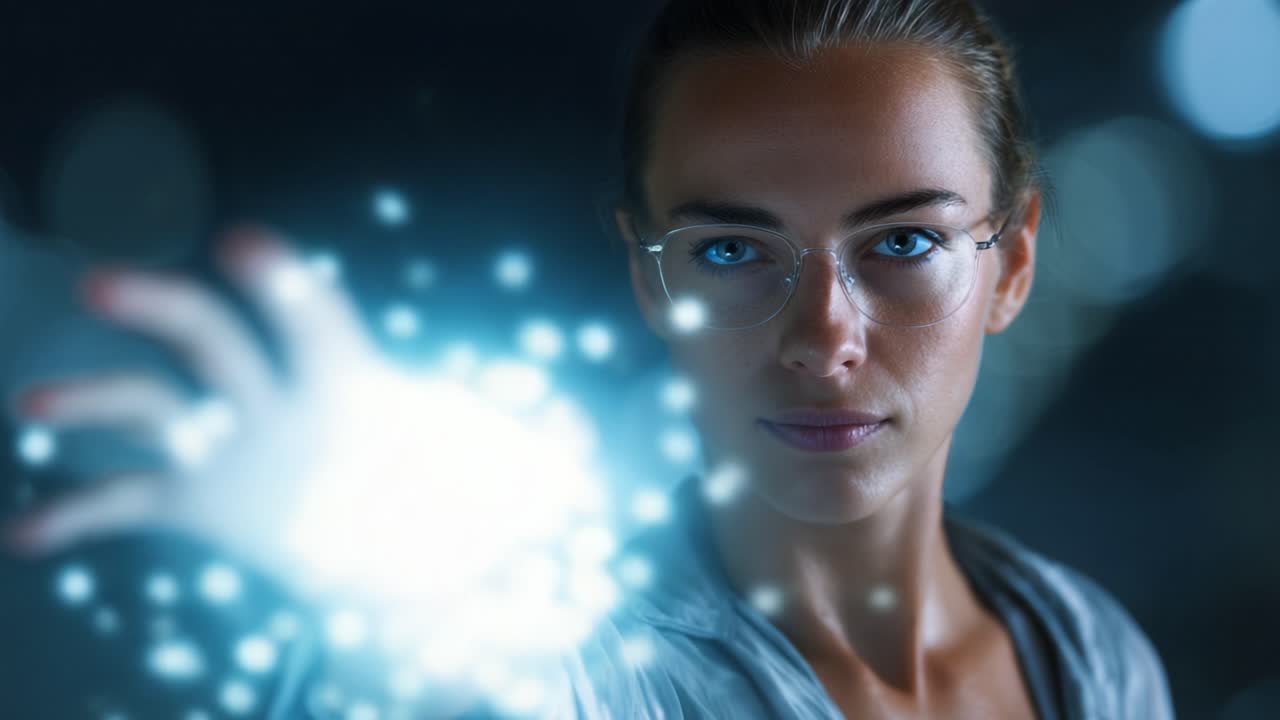 Uma mulher focada canalizando energia com um olhar poderoso, sua mão brilhando com luz dinâmica, incorporando criatividade e inovação em um ambiente etéreo