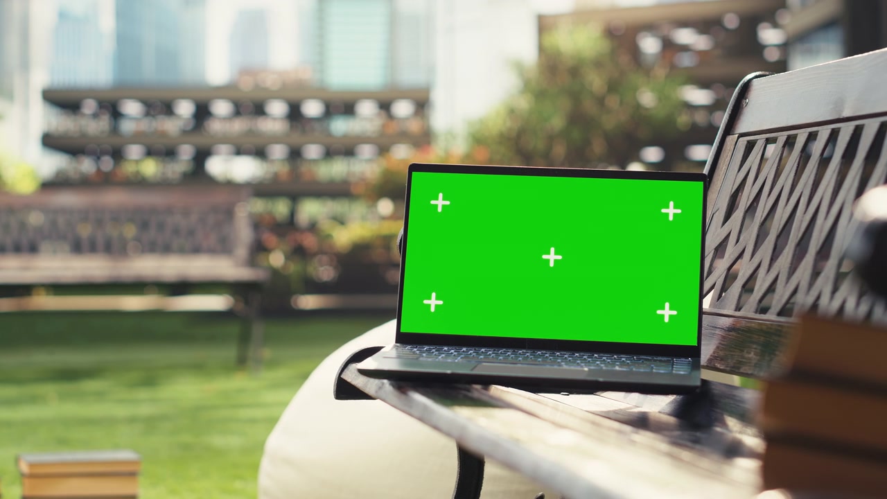 Mockup di laptop con schermo verde appoggiato su una panchina esterna accanto a dei libri