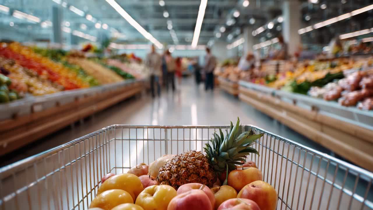 A Vibrant Grocery Store Scene Showcasing Fresh Produce and Colorful Fruits in a Shopping Cart, Highlighting the Abundance and Variety Available for Healthy Eating Choices
