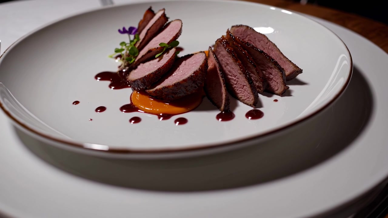 Gourmet Sliced Duck Breast with Sauce and Puree on White Plate