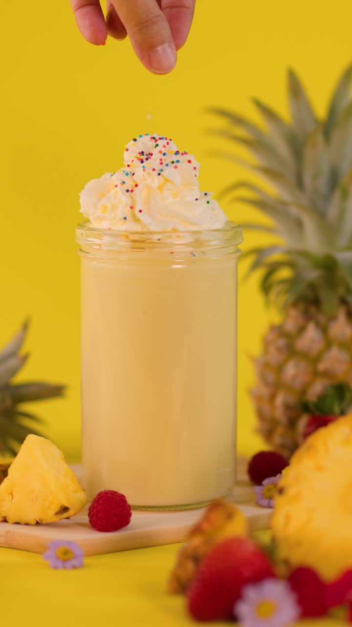 Una mano aggiunge codette colorate a un frullato all'ananas con panna montata, circondato da frutta fresca e illuminazione brillante.