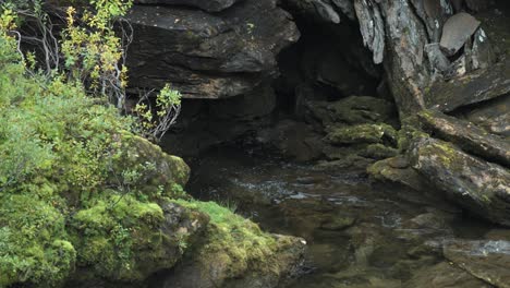 un arroyo poco profundo fluye hacia la oscura cueva rocosa