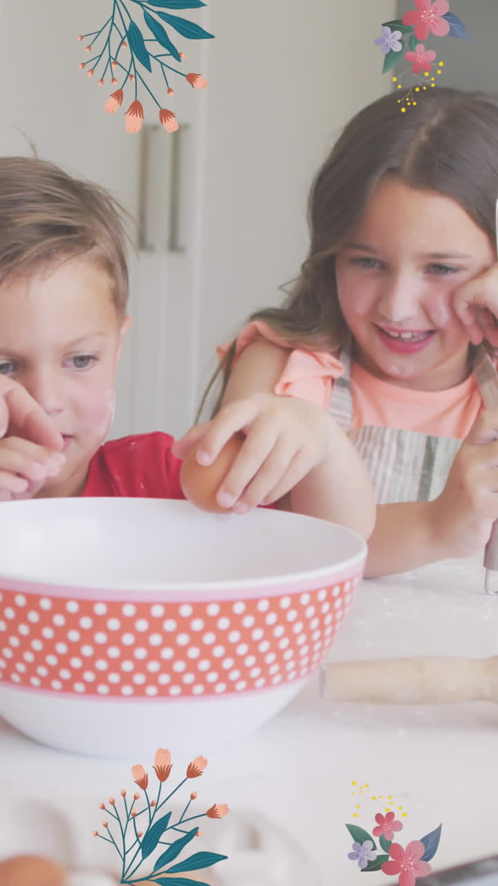 animación de iconos de flores sobre madre caucásica con niños felices horneando