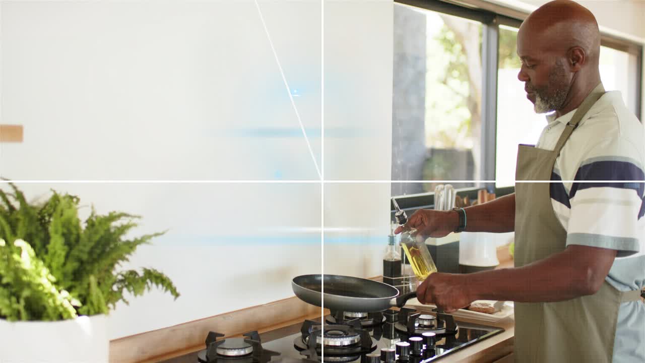 Senior home cook reaching for oil pouring into pan adjusting knobs while HUD pulsing preparing meal