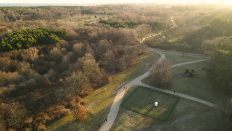 波蘭przymorze在日出時在秋天公園步道上跑步的人的空中圖像