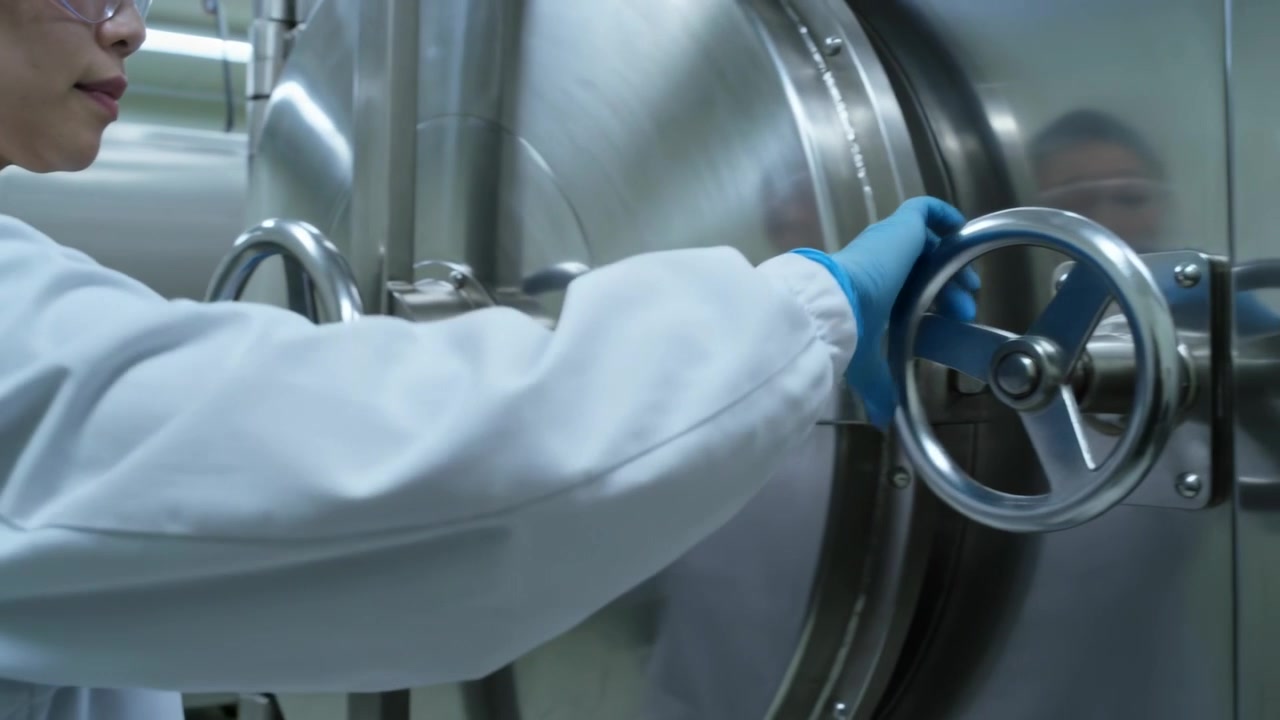 Rotating lab tech tightening chamber wheels after run start at lab coat goggles gloves, copy space