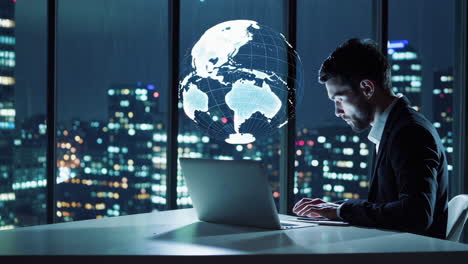 businessman working on laptop with global technology presentation