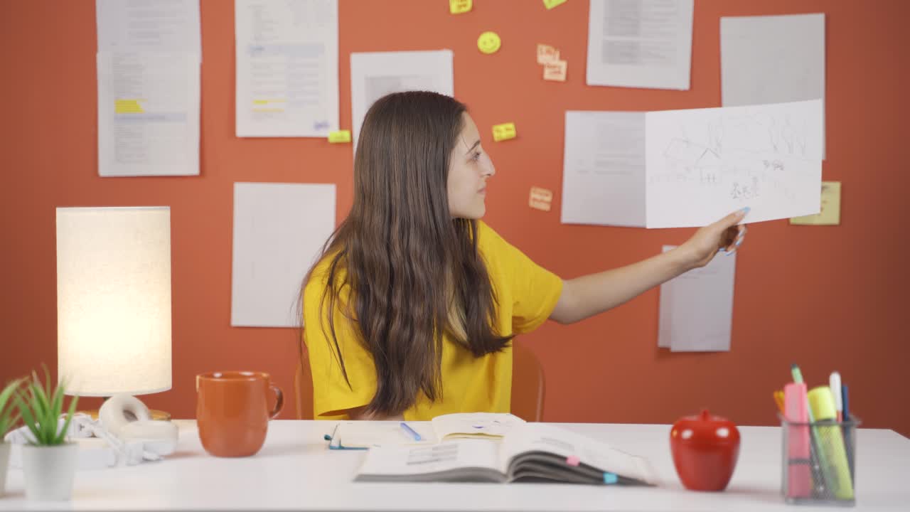 la niña está soñando con el dibujo que dibujó en casa.