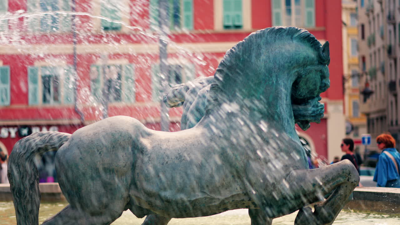 Nice, France - May 12, 2025: Close up of the Sun water fountain in the Massena Square in daylight