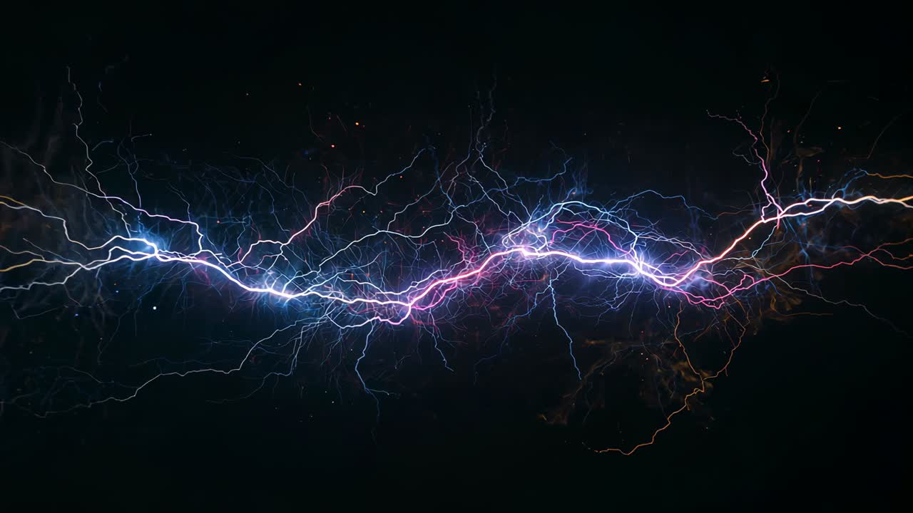 Converging blue and magenta arcs approaching center in void, forming knot with tendrils and sparks