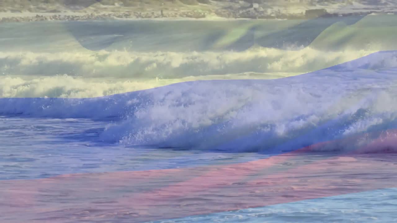 콜롬비아의  ⁇ 발이 바다에서 부 ⁇ 히는 파도에서 태양 위에 흔들리는 애니메이션