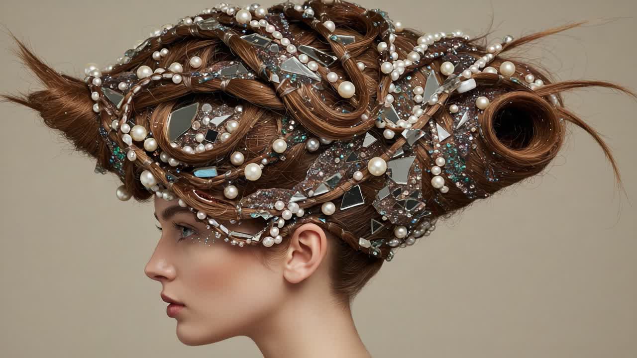 Exquisite Artistic Hair Creation Featuring Intricate Patterns and Embellishments, Showcasing Elegance and Creativity in Modern Hairstyling Techniques