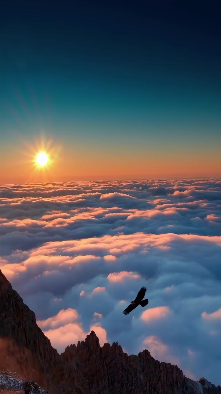 Eagle Flying Over Mountain Peaks Above Clouds at Sunset