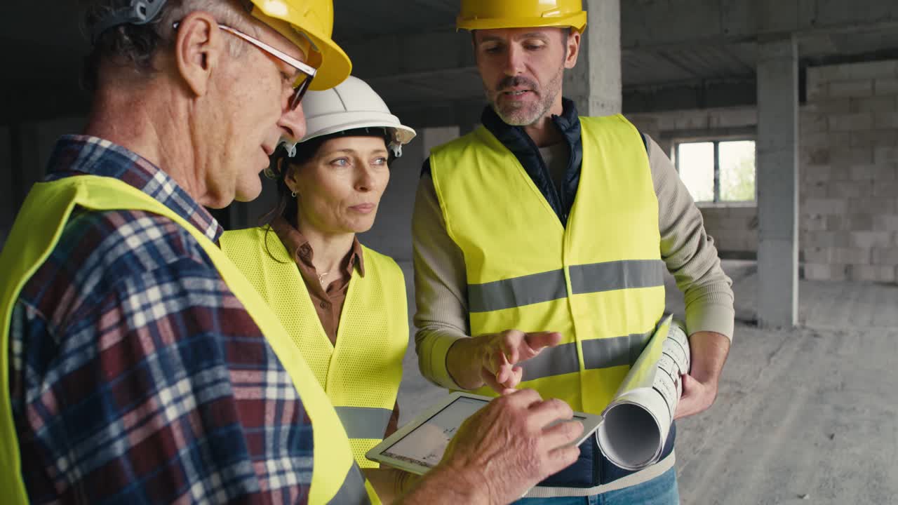 tres ingenieros caucásicos discutiendo en un sitio de construcción.