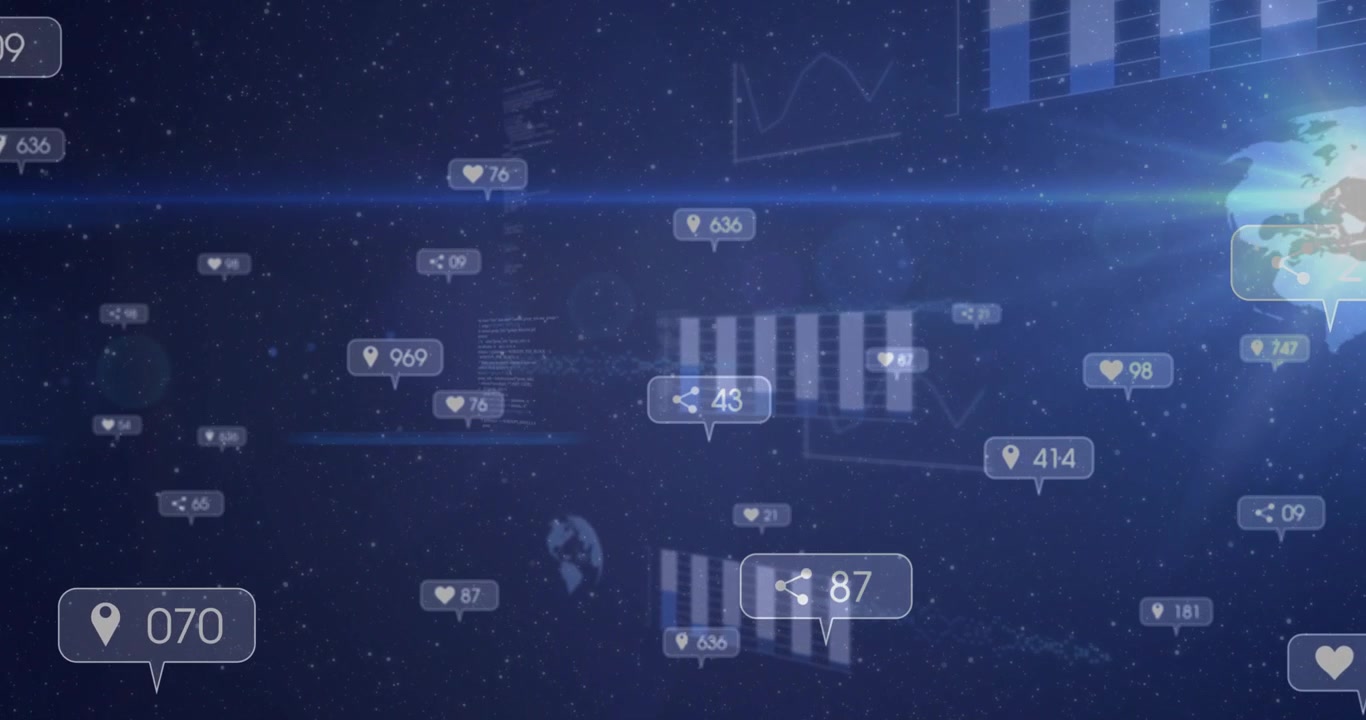 First share bubble rising, HUD nodes drifting, counts updating, globe flaring, showing stats