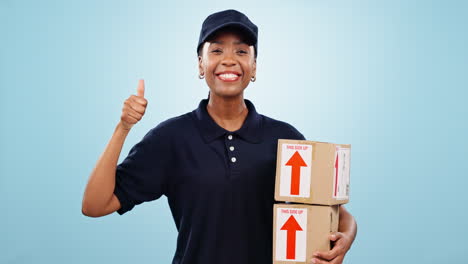 Happy-black-woman,-box-and-thumbs-up-for-delivery