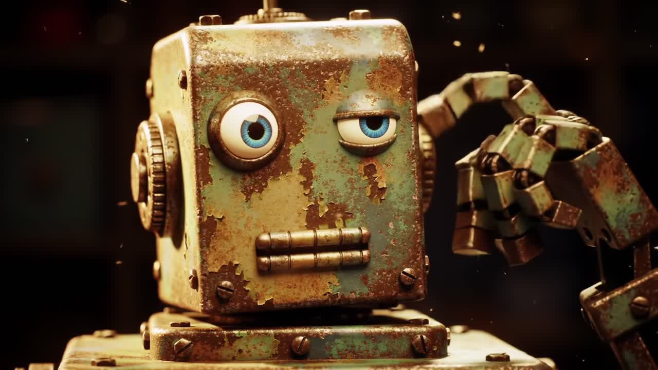 Vintage Robot with Distressed Finish Showcasing Unique Personality and Expression, Captured in Two Frames Highlighting Its Mechanical Charm and Intricate Details