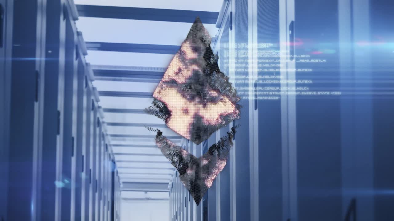 Animation of ethereum symbol over server room