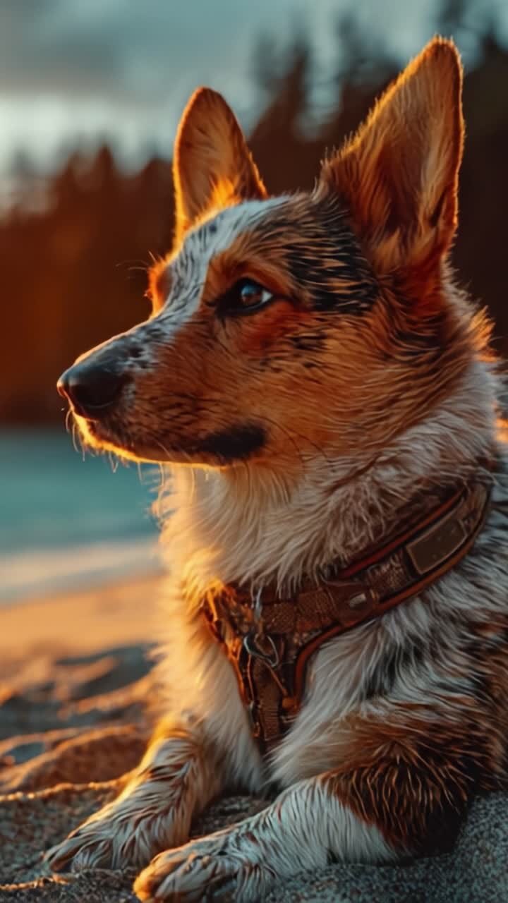 Um lindo Corgi relaxando na praia durante a hora dourada, a cativante luz do pôr do sol realçando suas características e cores, criando uma atmosfera mágica na natureza.